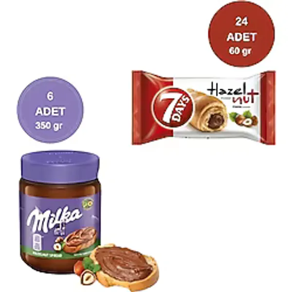 Kent 7 Days Kakaolu Fındık Kremalı Kruvasan 60gr 24 Adet + Milka Sürülebilir Çikolata Kakaolu Fındık Ezmesi 6 Adet