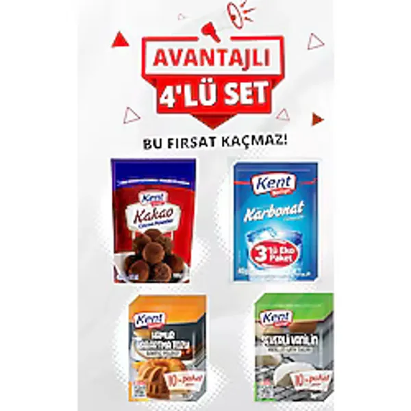 Kentboringer Pasta Yardımcıları Avantaj 4'Lü Set(Kakao-Hamur Kabartma Tozu-Karbonat-Şekerli Vanilin)