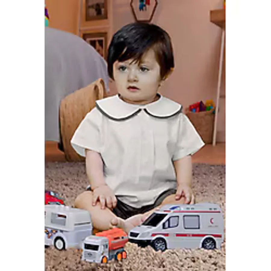 Keten Bebe Yaka Pileli Üst Fildişi