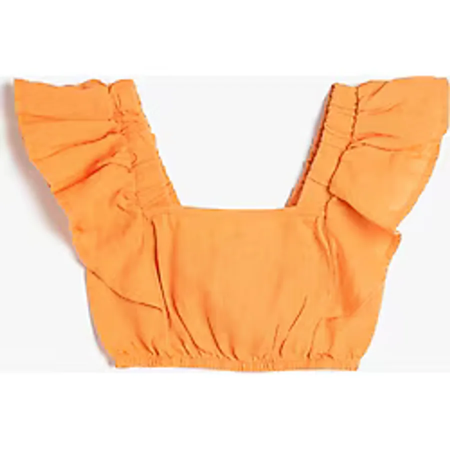 Keten Crop Bluz Kelebek Kollu Kare Yaka