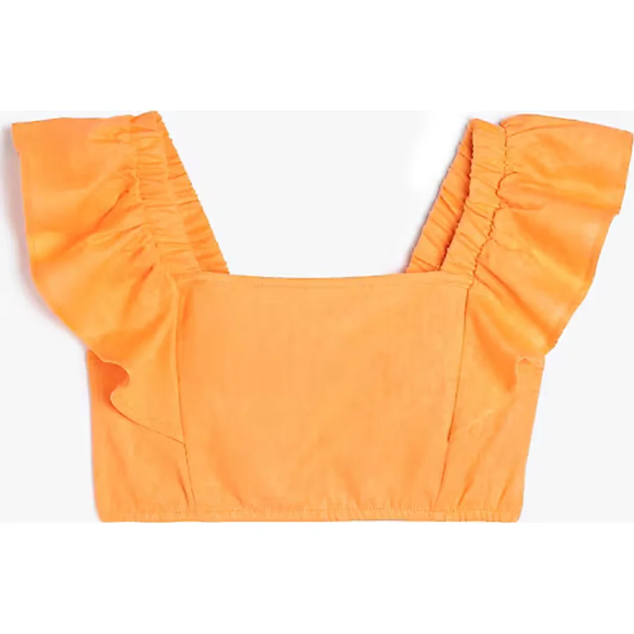 Keten Crop Bluz Kelebek Kollu Kare Yaka