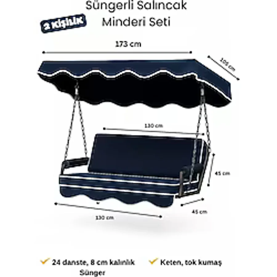 Keten Kumaş Süngerli Gölgelikli 2 Kişilik Salıncak Minderi 8 cm - Mavi