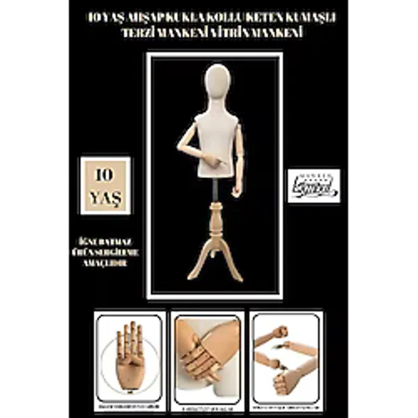 Keten Kumaşlı Ahşap Kollu Kumaş Kafalı Çocuk Terzi Mankeni Vitrin Mankeni - 10 YAŞ