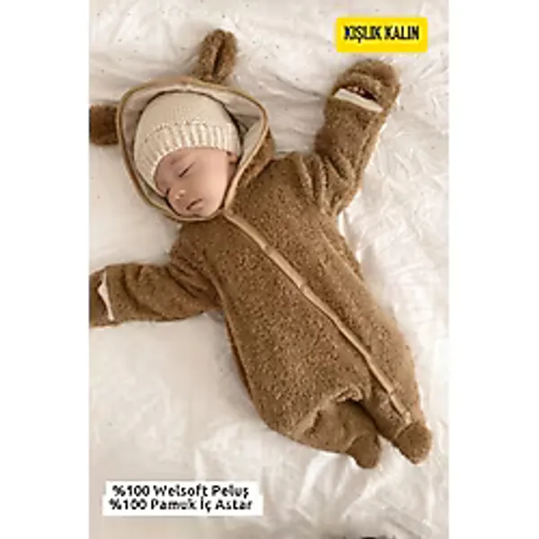 KEY KIDS Welsoft Bebek Kışlık Bej Tulum Dış Giyim Kalın Unisex 0-3 / 18 Ay Premium Peluş Uyku Tulumu - 50P-Pembe - 6 - 9 Ay