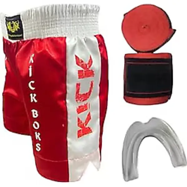 Kickboks Şortu Bandaj Dişlik Üçlü Set - Kick Boks Şort Bandaj Dişlik Seti (Beyaz, M)