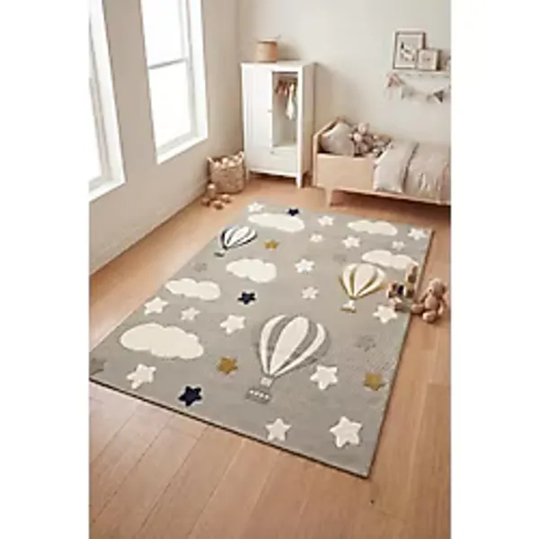 Kids 6003 Gri Bulut Yıldızlı Balon Dokuma Çocuk Odası Halısı Tozumaz Yumuşak Bebek Odası Halısı
