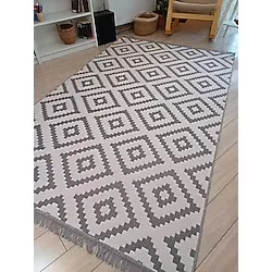 Kilim Çift Taraflı Kullanılabilir Makinede Yıkanabilir Modern Desen Pmuklu Dokuma Kilim Gri-Beyaz
