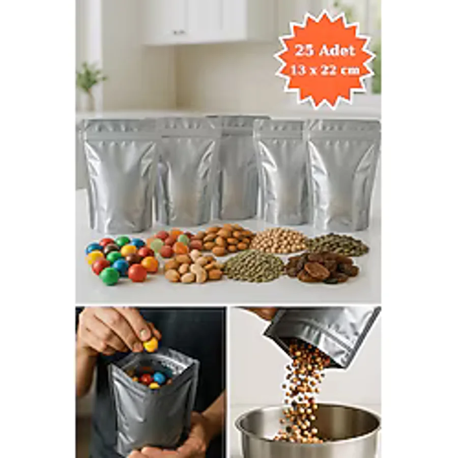 Kilitli Metalize Doypack Kahve Kuruyemiş Bakliyat Kedi Köpek Kuş Yemi Saklama Torbası 13x22 cm 25Li