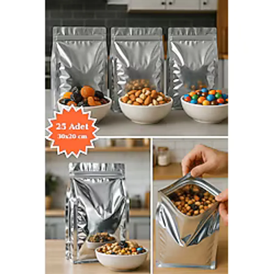 Kilitli Metalize Flat Bottom Kahve Kuruyemiş Bakliyat Kedi Kumu Yem Saklama Torbası 30x20cm 25li
