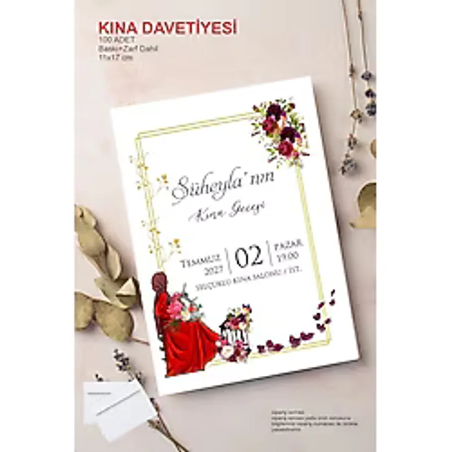 Kına Davetiyesi Baskılı 100 Adet Zarflı Kapalı 11x17 Cm