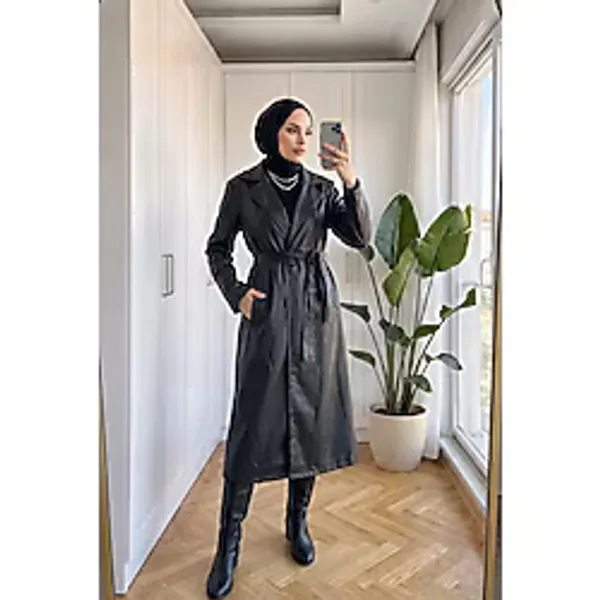 Kirazca Butik Kadın Siyah Kemerli Uzun Suni Deri Trençkot Kruvaze Tesettür Ceket 115 cm