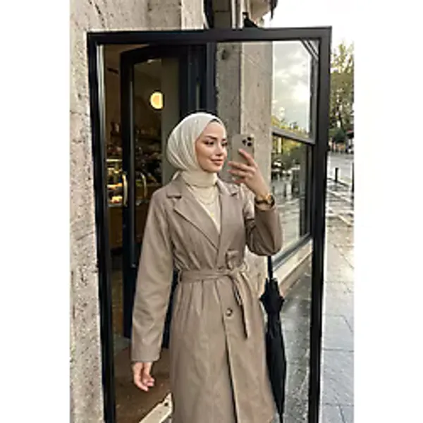 Kirazca Butik Kadın Su Geçirmez Trençkot Kemerli Uzun Tesettür Trençkot Mevsimlik Yağmurluk