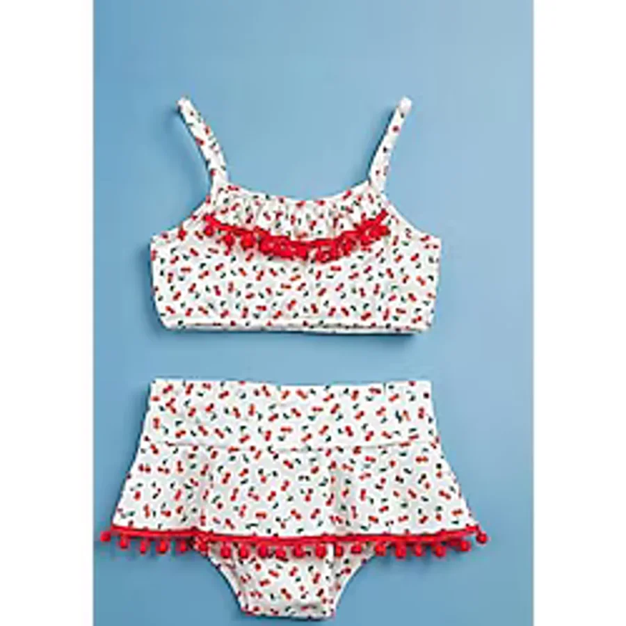 Kirazlı Baskılı Etekli Kız Çocuk Bikini Takım Beyaz-Kırmızı