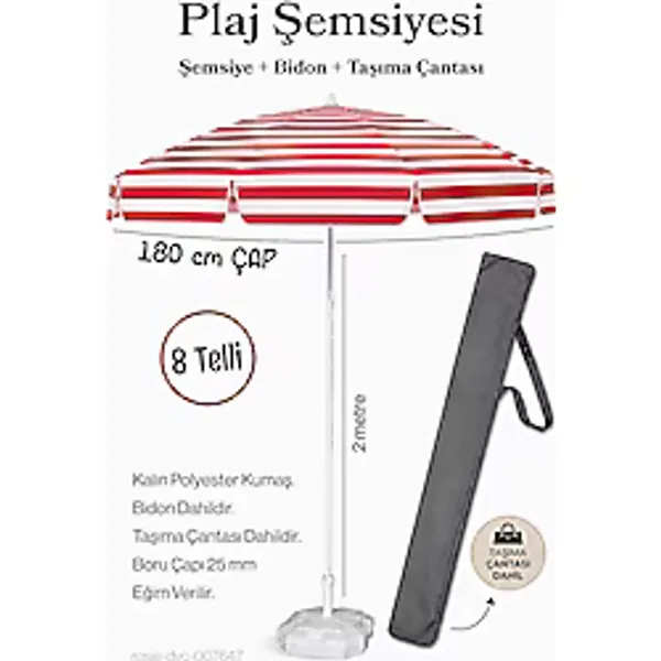 Kırmızı Beyaz Plaj Şemsiyesi 180 Çap / 8 Telli + Bidon + Taşıma Çantası Dahil