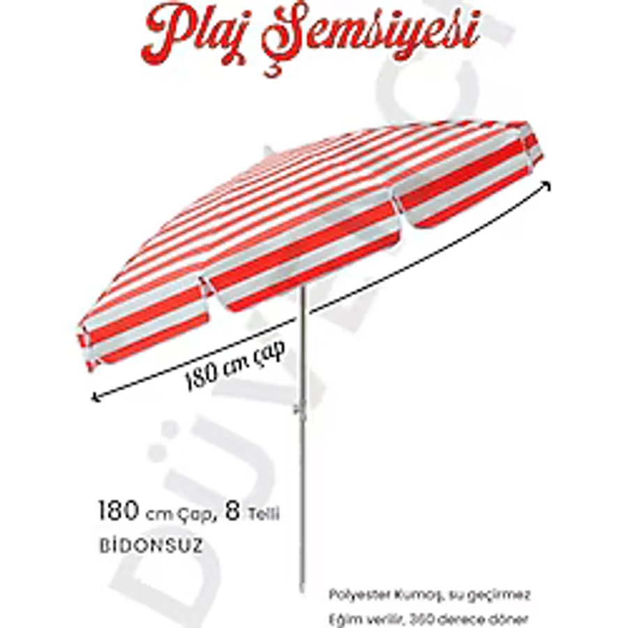 Kırmızı Beyaz Plaj Şemsiyesi 180Cm, 8 Telli