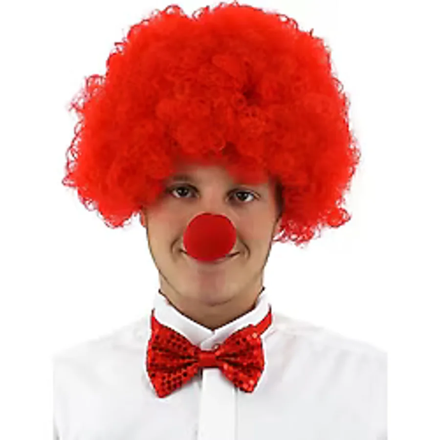 Kırmızı Renk Kıvırcık Afro Bonus Peruk Takma Saç Kırmızı Burun Seti