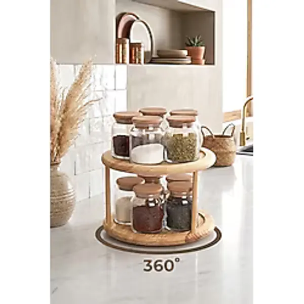 Kitchen Life 11 Parça Bambu Kapaklı Vakumlu Döner Bambu Standlı Etiketli Cam Baharatlık Seti Kavanoz