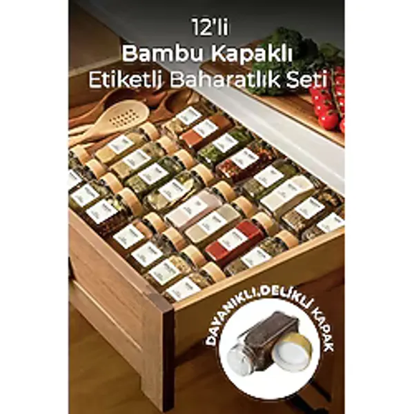 Kitchen Life 12'li Bambu Kapaklı Kare Cam Baharatlık Takımı / 40 Adet Etiket Hediyeli / 12 li Baharatlık Seti