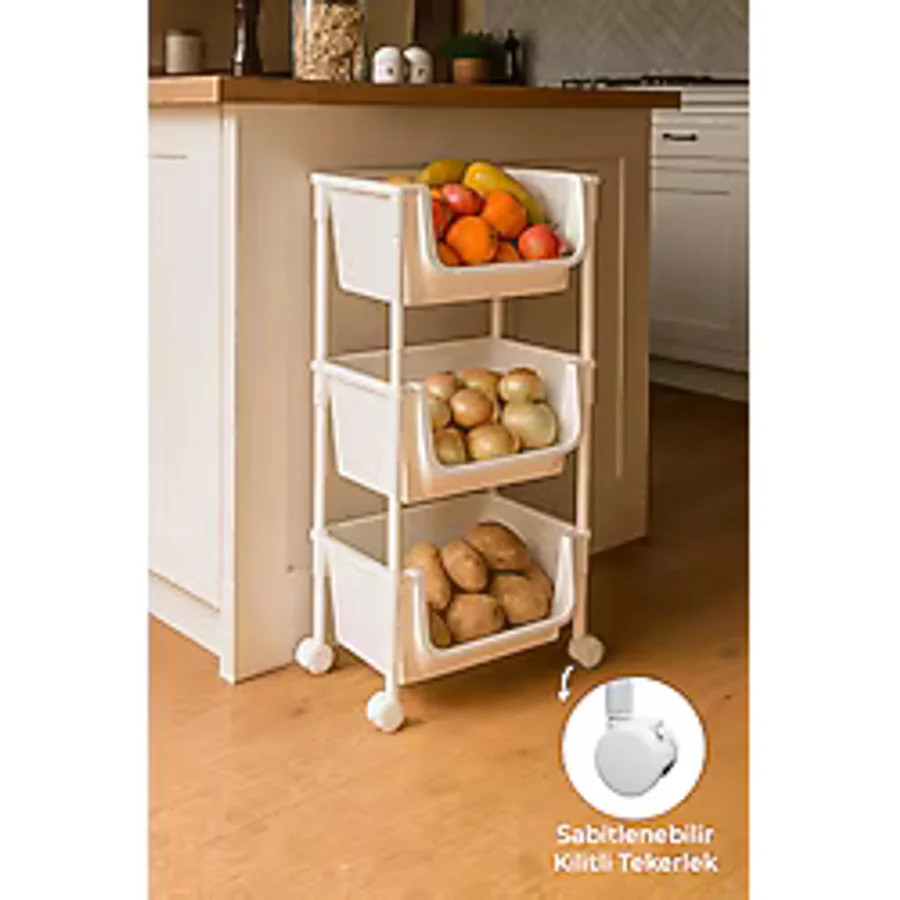 Kitchen Life 3 Katlı Tekerlekli Organizer Raf Oyuncak Dolabı,Mutfak, Banyo, Kiler Düzenleyici Sepet