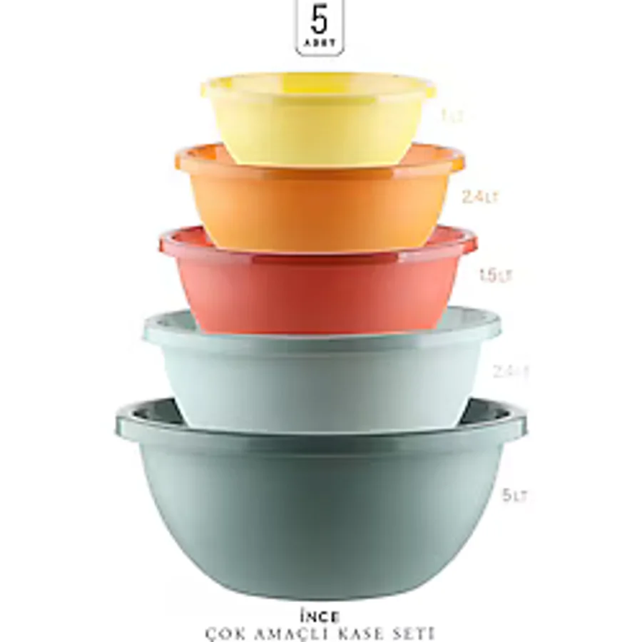 Kitchen Life 5'li Çok Amaçlı Neo Aura Yuvarlak Karıştırma Kasesi - (30+25+22+19+16,5cm) 5 Boy Badya Saklama Kabı