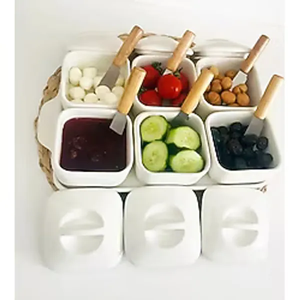 Kitchen Pembelia 6'lı Lüx Standlı Kapaklı Reçel Bıçaklı Kahvaltılık Set