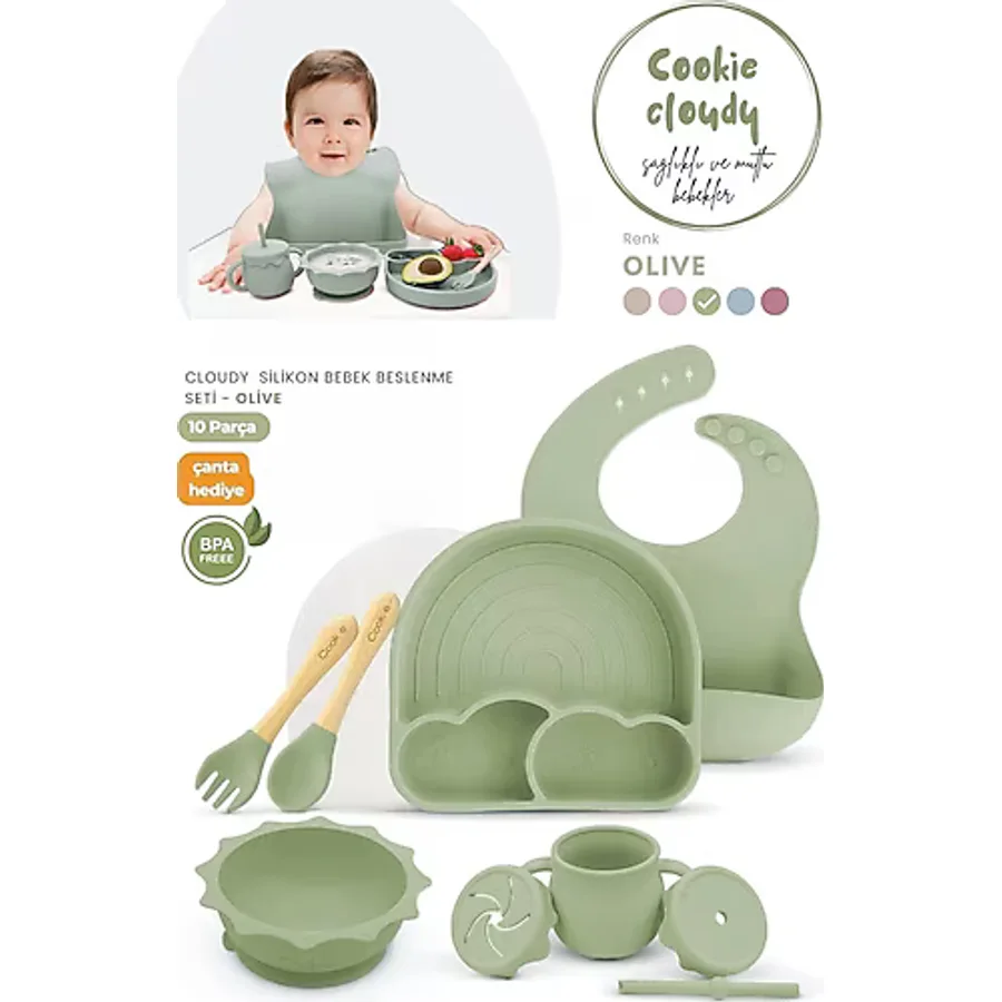Kiwi Cloudy 11 Parça Full Silikon Bebek Beslenme Seti: Güvenli, Esnek, BPA / PVC İçermez, %100 Doğal