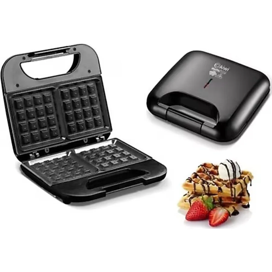 Kiwi Kare Waffle Makinesi 750W - Yapışmaz Kaplama, Termostat Kontrollü, Kaymaz Ayaklar ve El Yakmayan Tutma Yeri ile - Siyah