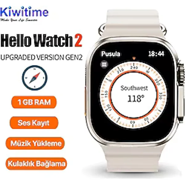 Kiwitime Hello Watch 2 Upgrade 2 1gb Ram Pusula Siri Nfc Bluetooth Arama Akıllı Saat - 49 mm - Silver