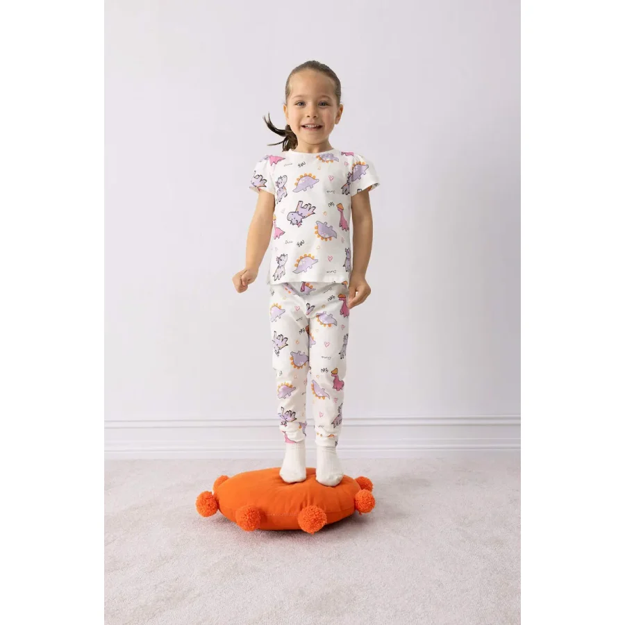 Kız Bebek Pijama Takımı Dinazor Baskılı Kısa Kollu Penye Pijama Üstü Esnek Belli Uzun Pijama Altı