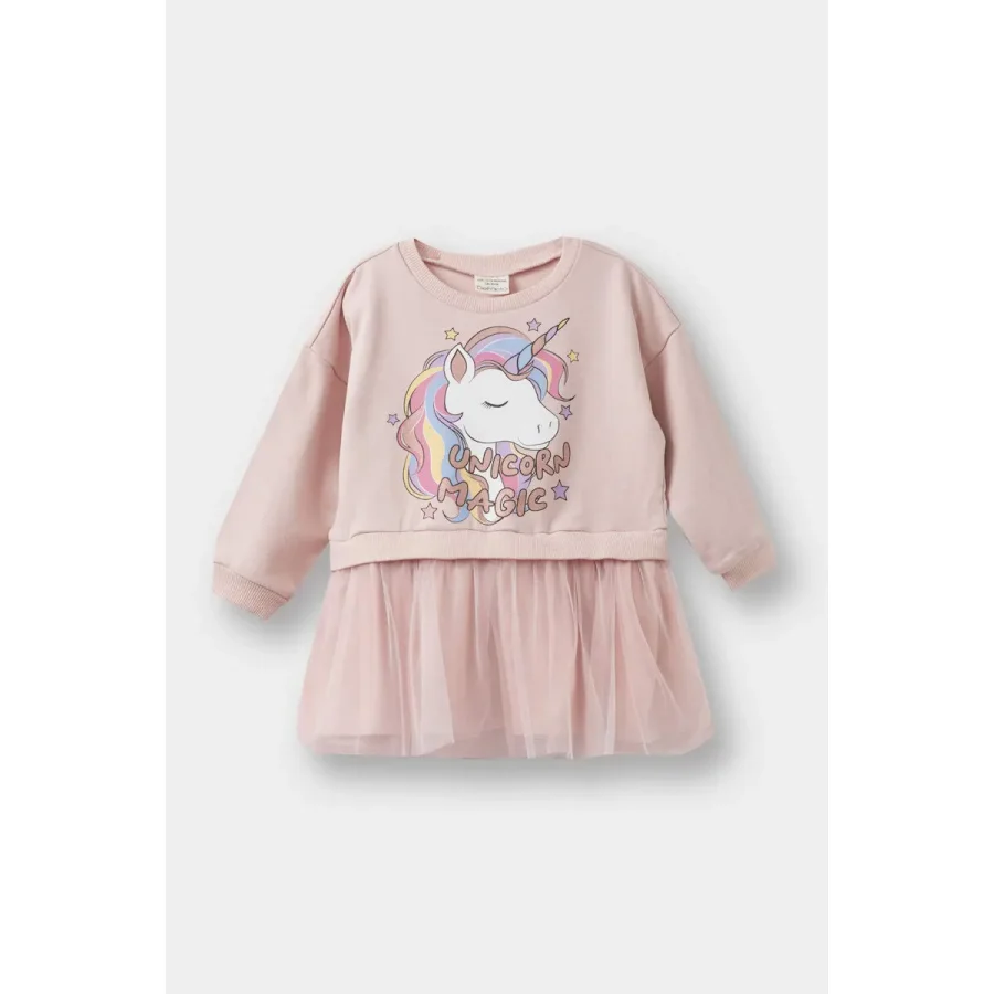 Kız Bebek Unicorn Baskılı Uzun Kollu Tül Elbise