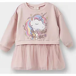 Kız Bebek Unicorn Baskılı Uzun Kollu Tül Elbise