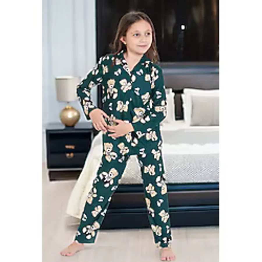 Kız Çocuk Ayıcık Baskılı Pijama Takımı 12167