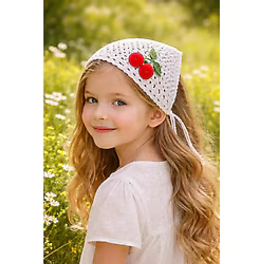 Kız çocuk bandana, saç bandanası, örgü bandana, kirazlı bandana