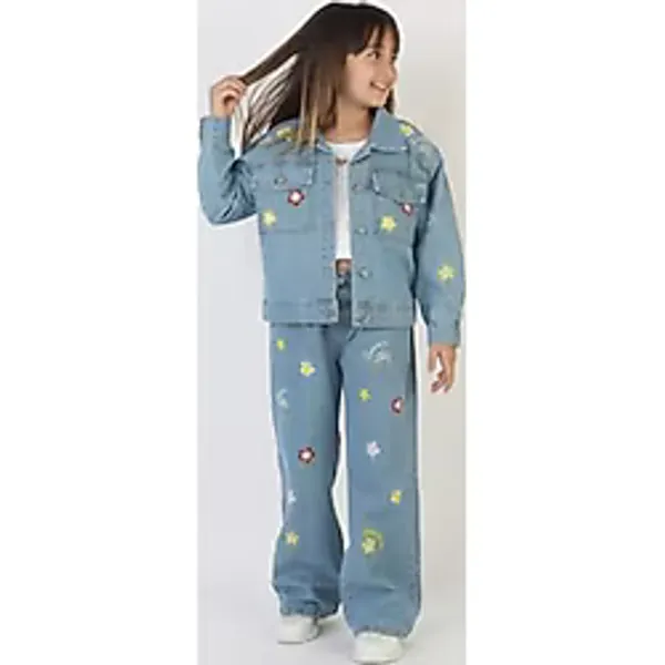 Kız Çocuk Çiçek Nakışlı Kot Takım -%100 Pamuk Denim Ceket ve Pantolon - Günlük Rahat Jean Kombin (Standart, Mavi, 7-8 yaş)