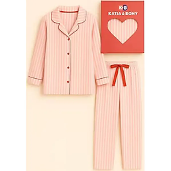 Kız Çocuk Kalpli Kutulu Çizgili Pijama Takımı Pembe