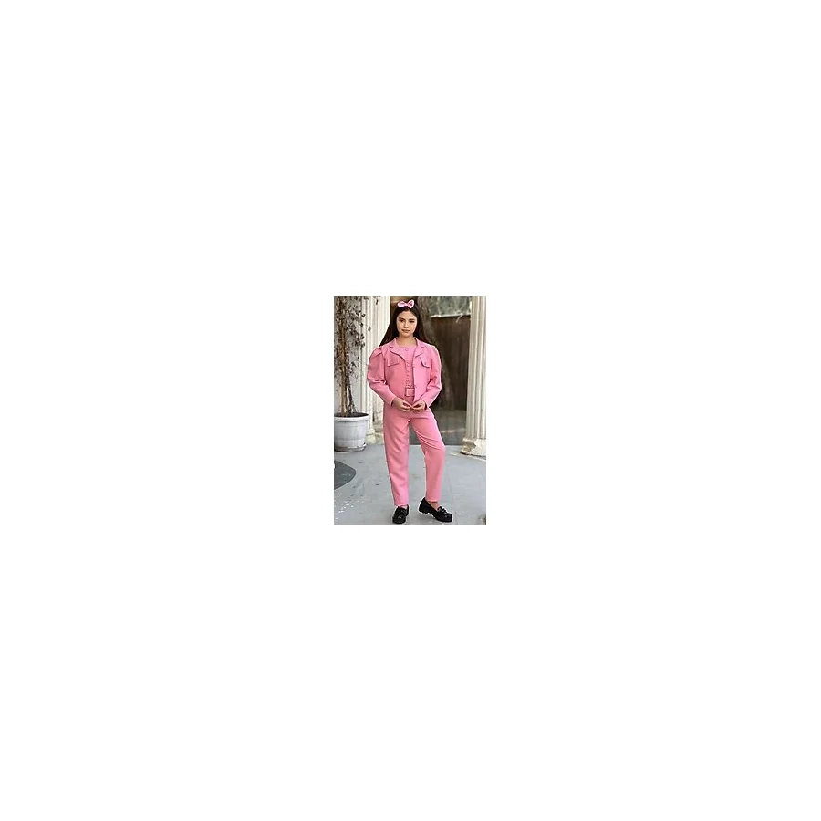 Kız Çocuk Kolsuz Penye Gömlek Cep Detaylı Blazer Ceket Kemerli Pantolon Pembe Alt Üst Takım