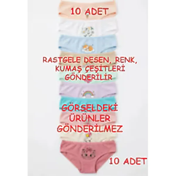 Kız Çocuk Külot 10 Lu Paket Pamuklu Likralı RASTGELE BASKILAR RENKLER ve FİTİLLİ KUMAŞLAR