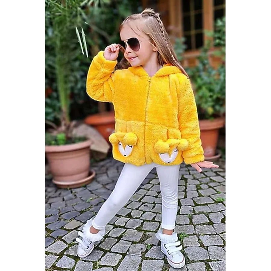 Kız Çocuk Kuzu Kulaklı Önden Çift Cep Detaylı Kapüşonlu Sarı Peluş Ceket