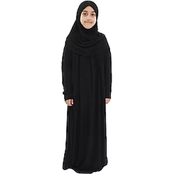 Kız Çocuk Namaz Elbisesi- Kaşkorse Pratik Başörtülü (Siyah, 9-11 Yaş)