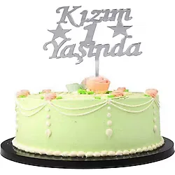 Kızım 1 Yaşında İlk Yaş Doğum Günü Partisi Pleksi Pasta Süsü Gümüş Renk
