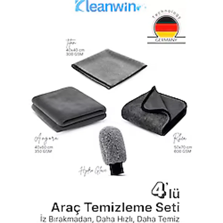 Kleanwin 4'lü Mikrofiber Oto Yıkama ve Kurulama Seti - Araç İç ve Dış Temizlik Bezleri ve Oto Yıkama Eldiveni