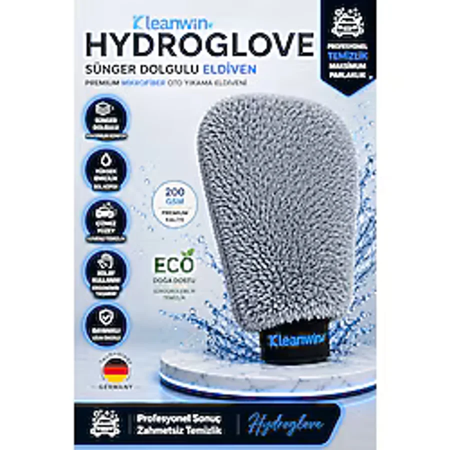 Kleanwin Hydroglove Mikrofiber Oto Yıkama Eldiveni Gri Sünger Dolgulu, Emici Araç Temizlik Eldiveni