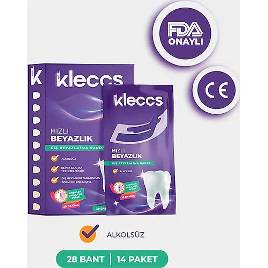 kleccs Diş Beyazlatma Bandı, Hızlı Beyazlık, 14 Paket-28 Bant, Günlük ve Bireysel Kullanıma Uygun