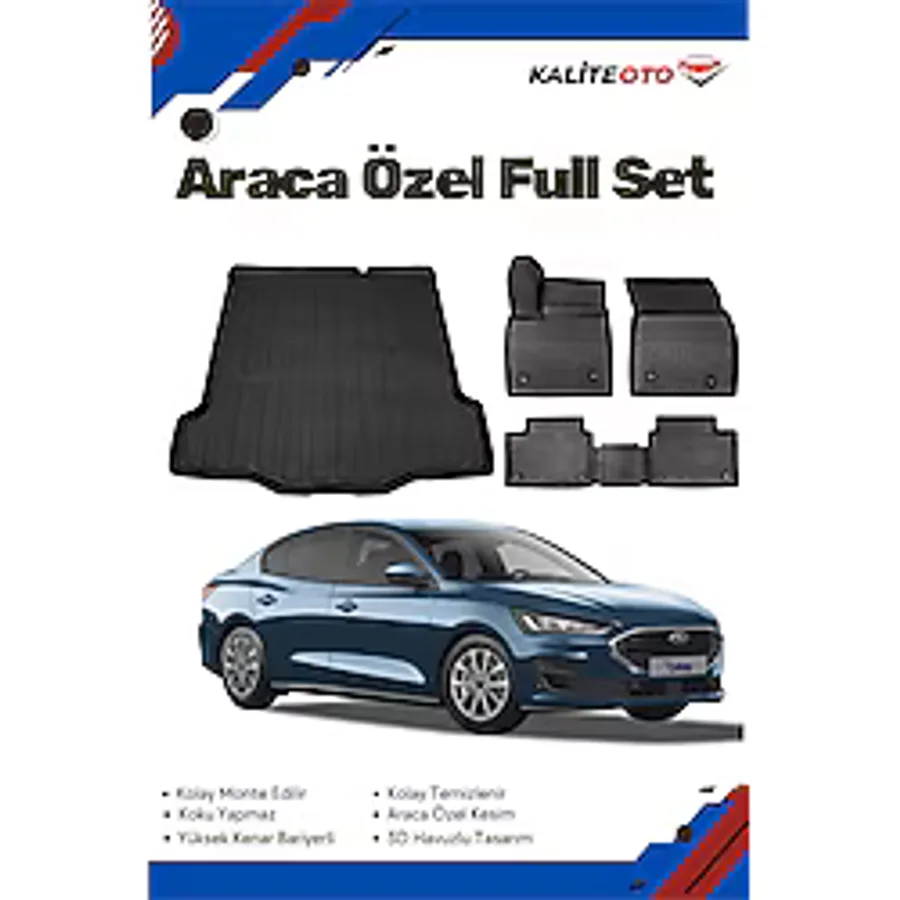 ko kaliteoto Ford Focus 5 Sedan 2023-2024-2025 Model Yumuşak Paspas+İnce Stepne Bagaj Havuzu Seti