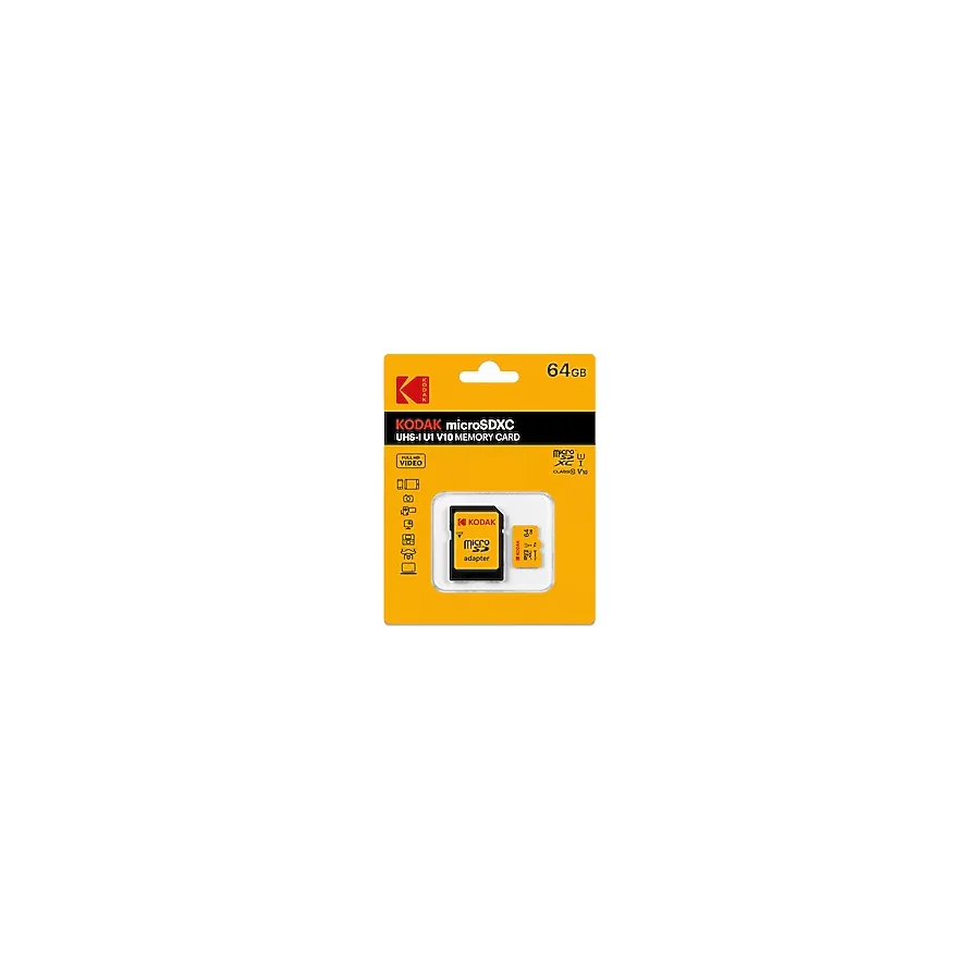 Kodak 64GB Micro SD UHS-I C10 U1 V10 Hafıza Kartı + Adaptör Sarı Renk ile Güvenilir Veri Depolama - 64 gb