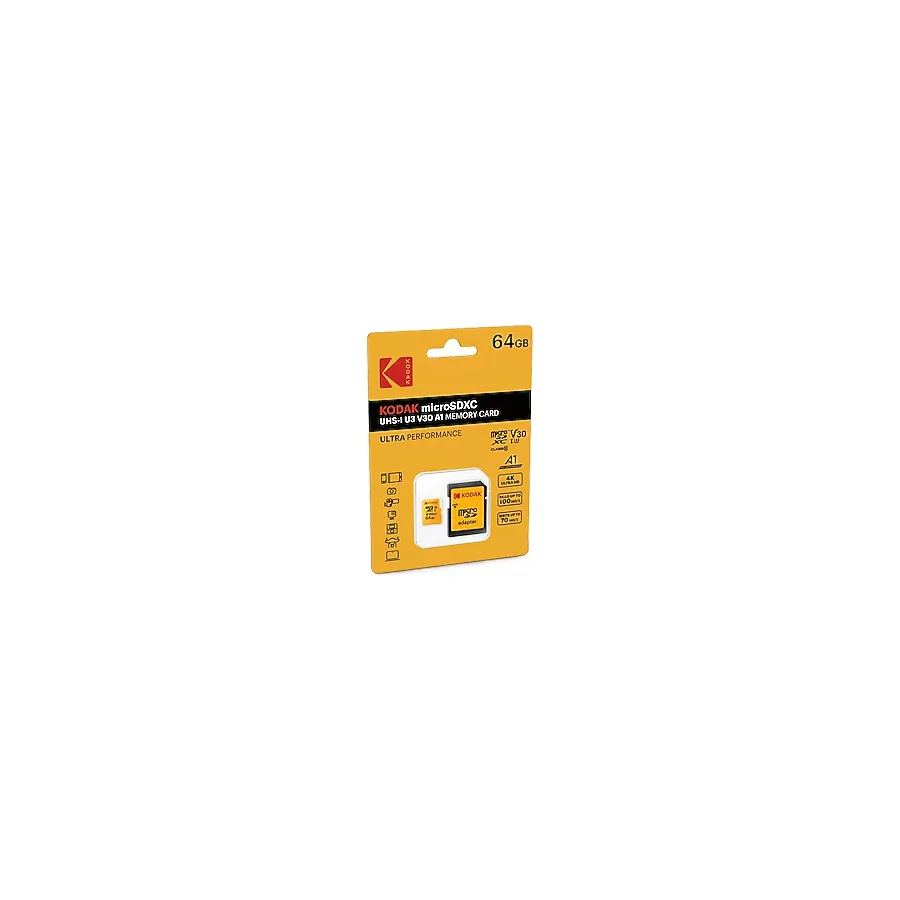 Kodak 64GB Yellow Micro SD+ Adaptör Hafıza Kartı Uhs-UHS-I U3/V30/A1 Yüksek Okuma Yazma Hızı ve 4K Video Desteği