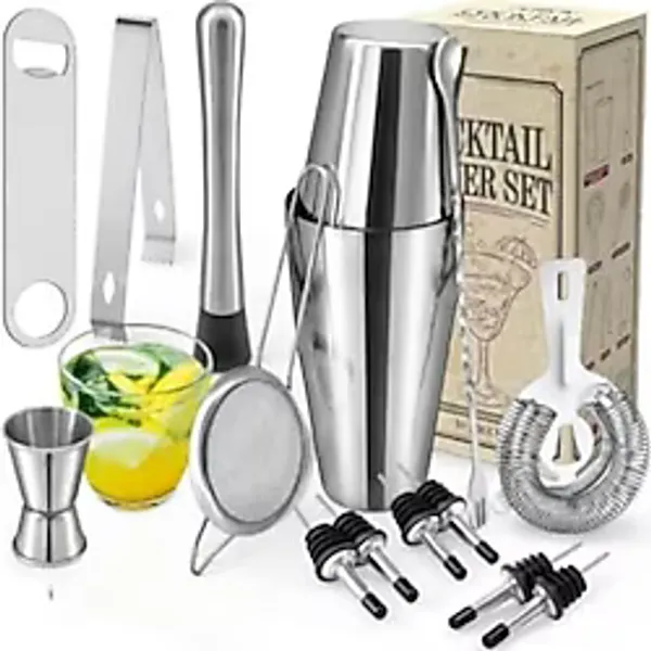 Kokteyl Shaker Seti, 10 Parça Paslanmaz Çelik Barmenlik Seti Boston Shaker Dahil, Süzgeç ve Jigger, 4 Şişe Pourer, Buz Maşası ve Muddler, Şişe Açacağı