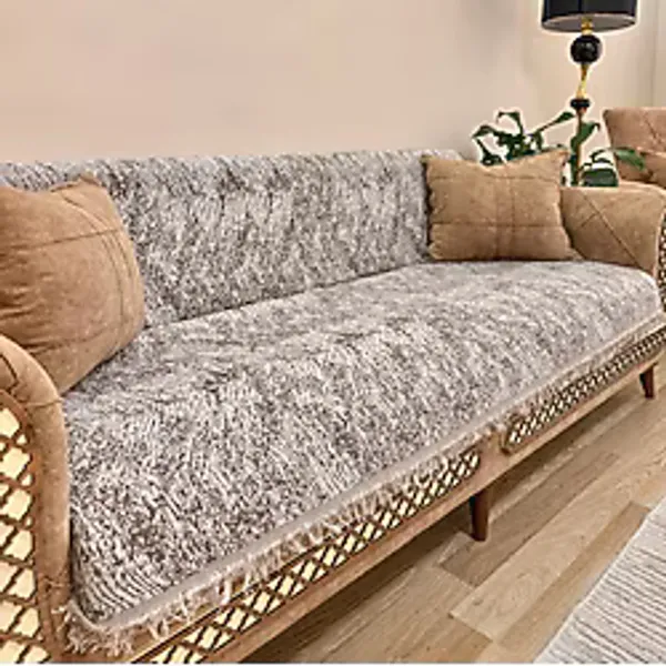 Koltuk Örtüsü Lüks Pamuklu Marble Desen Kaymaz Çift Taraflı Saçaklı Dekoratif Günlük Kullanım - 170 x 210 cm - Kahverengi