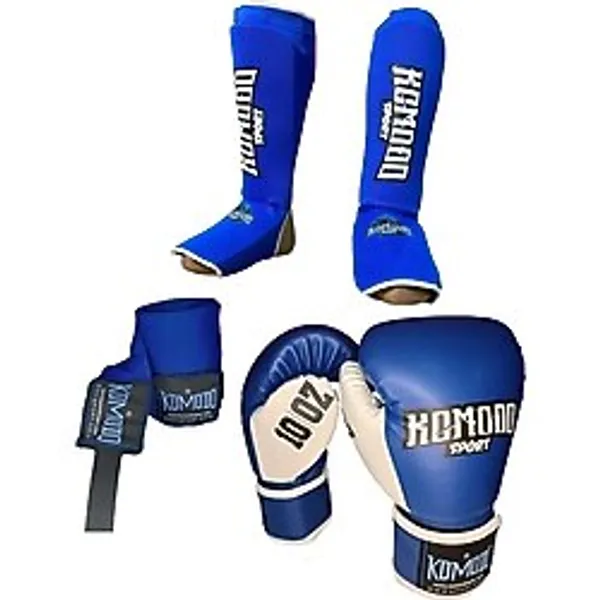 Komodo Sport Boks Eldiveni 8 Oz/bandaj 3,5 Metre /elastik Kick Boks Kaval ve Ayaküstü Koruyucu Set - Mavi - XL
