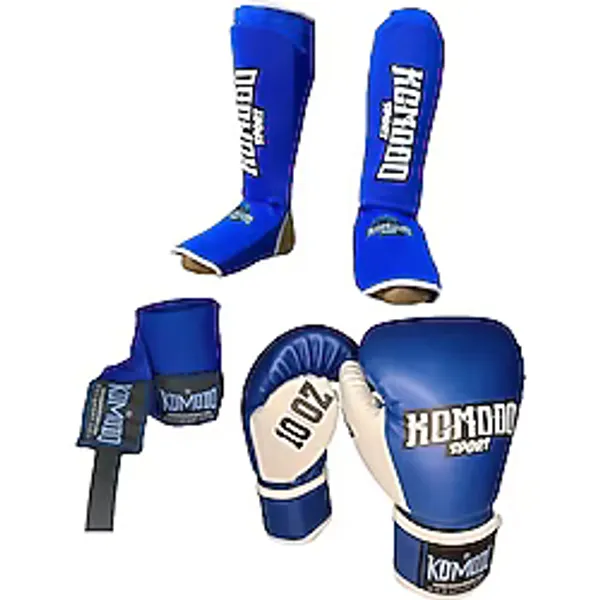 Komodo Sport Boks Eldiveni 8 Oz Seti ve 3,5 Metre Bandaj Mavi Elastik Kick Boks Koruyucu Malzeme